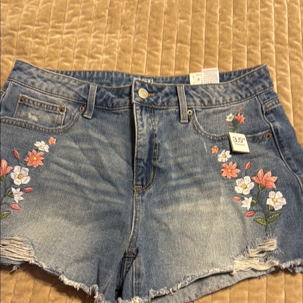Time and Tru Blue Jean Shorts with Floral Embroidery